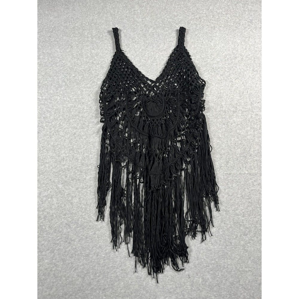 Crochet Fringe Tank Top Womens OS Black Western Boho Chic Rodeo Festival Hippie
